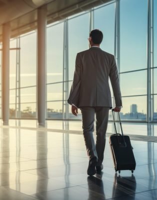 Businessman walking with travel bag along at airport sunlight, business trip, corporate and people concept, sunlight